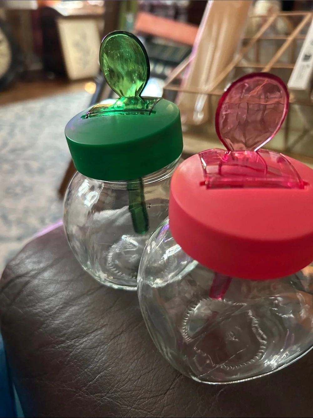 Clear Glass Sugar Dispenser Jar with Red or Green Lid and Spoon -EUC